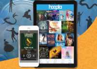 Graphic showing Hoopla application on tablet and phone