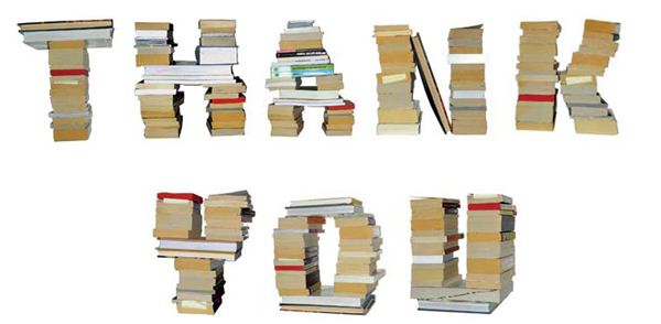 Image of books stacked to spell words thank you