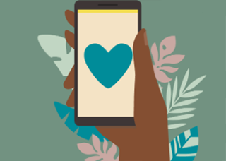 Image of a brown hand holding a mobile phone, which depicts a blue heart.