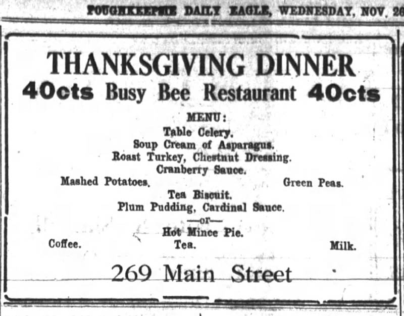 01 - Image from the Poughkeepsie Eagle News showing advertisement of the Busy Bee Restaurant - 1913
