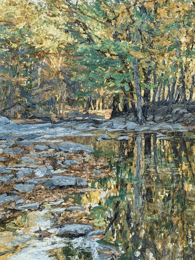Landscape painting of a river shore with trees with foliage (maybe spring time) by artist Greg Arnett
