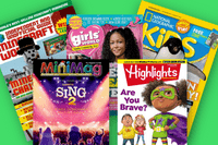 Photo of a collection of childrens magazines that includes Highlights and National Geographic Kids