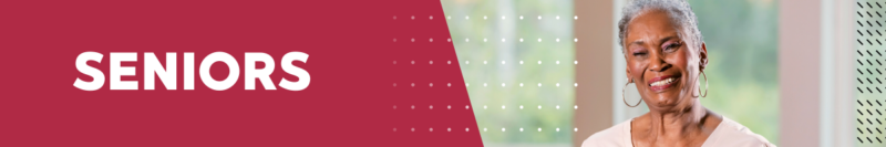 Seniors Web Header An older woman smiling and standing at her front door. The word Senior is written over the graphic