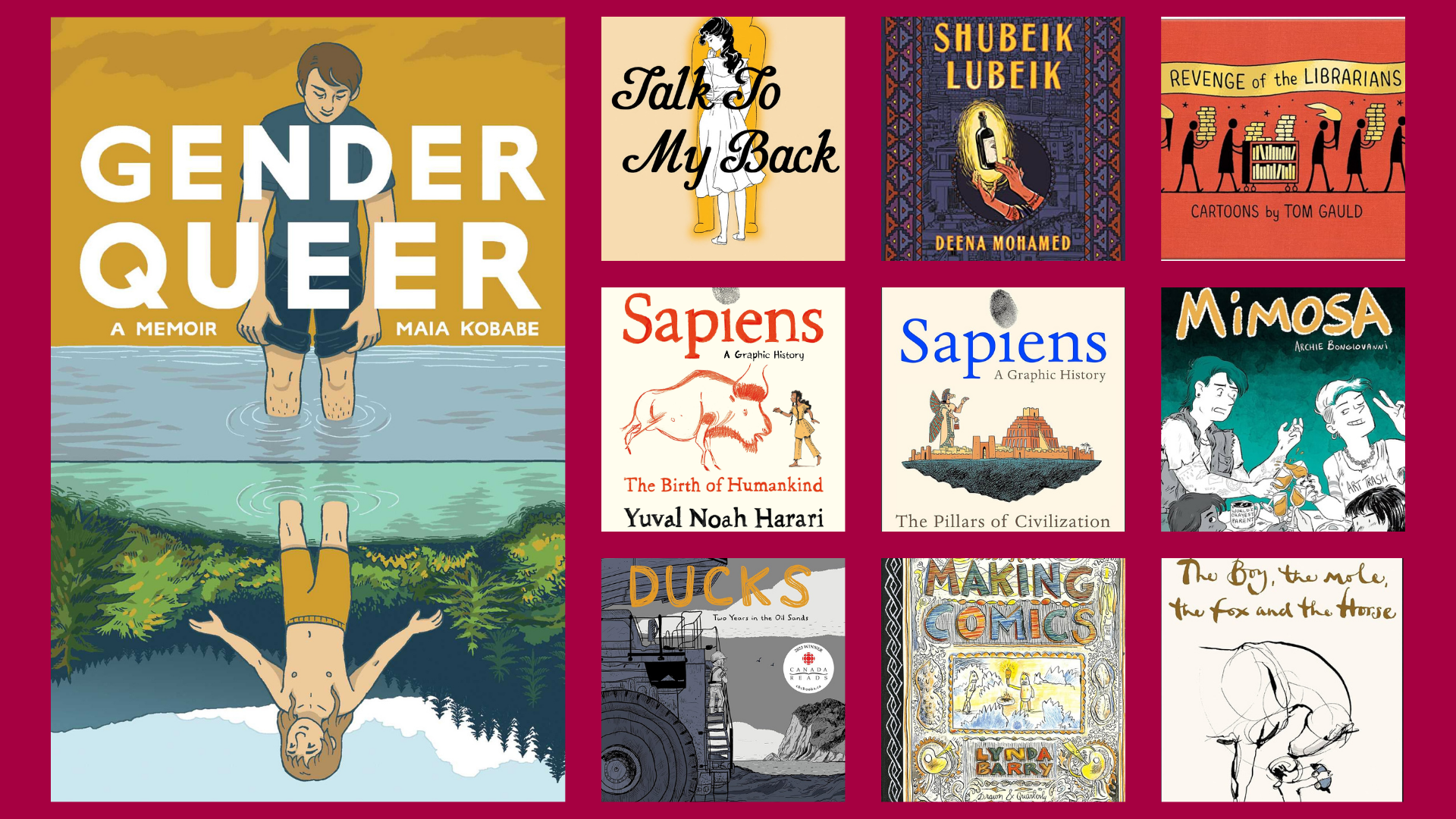 Composite of the top ten most borrowed adult graphic novels in 2023