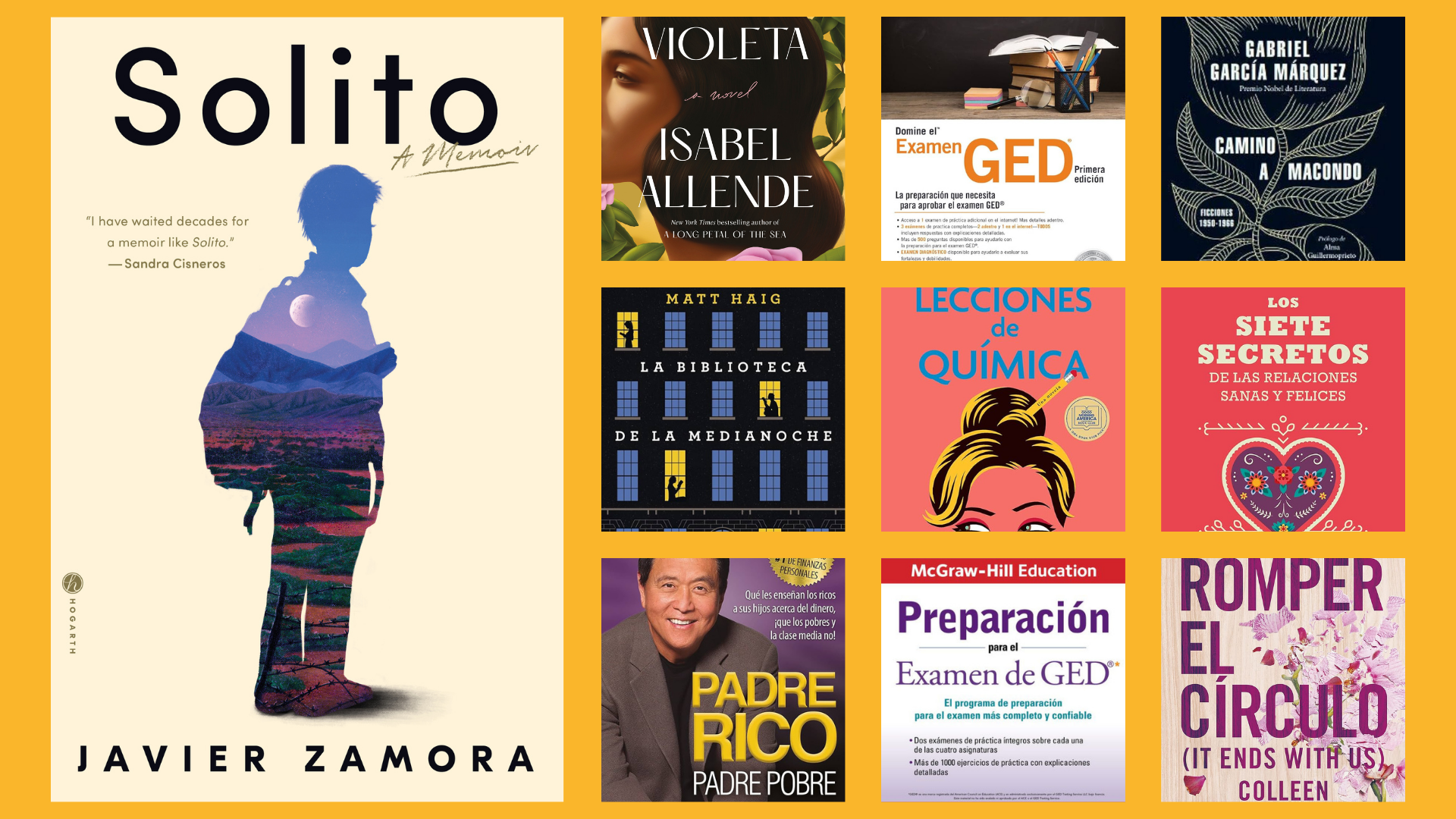 Composite of the top ten adult Spanish language titles borrowed in 2023