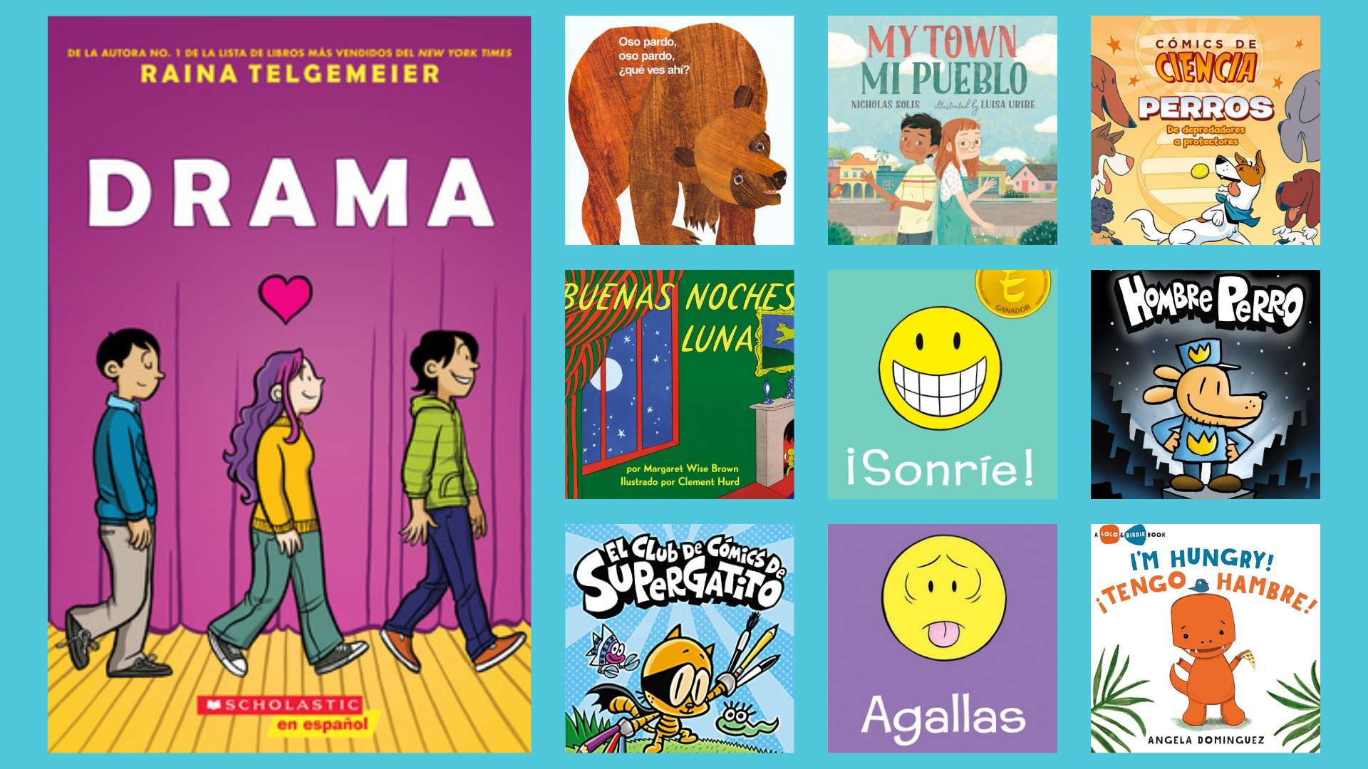 Composite of the top ten most borrowed children's Spanish language books in 2023