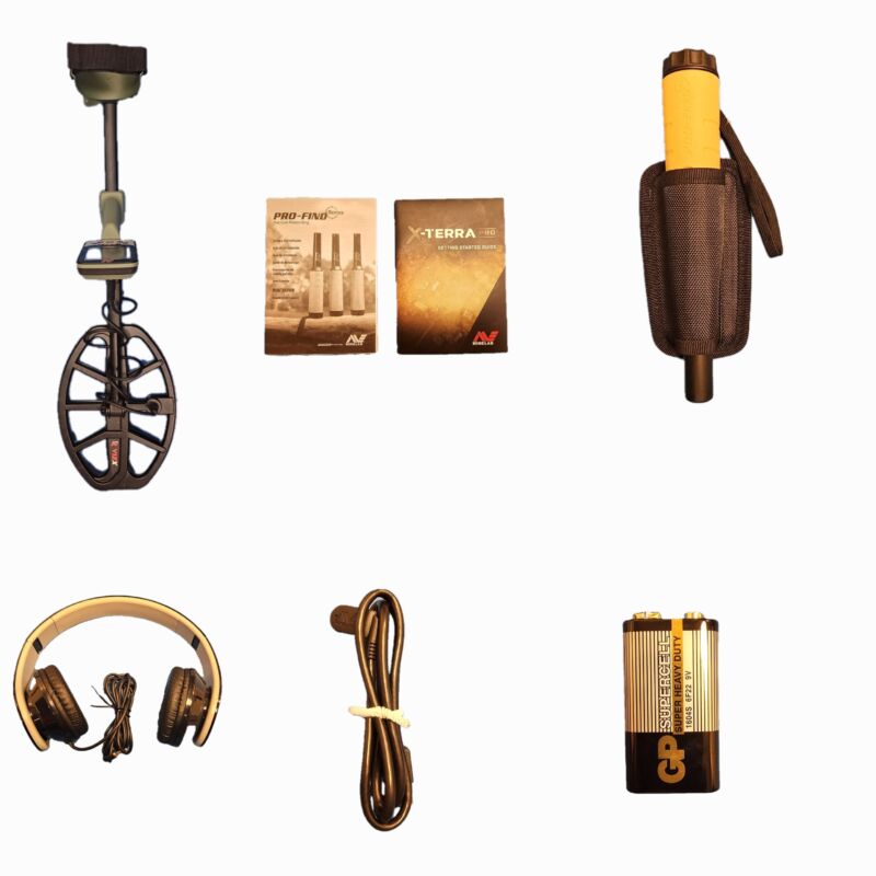 Minelab Equip Pic 2025 MineLab metal detecting equipment included in the kit you can borrow. The metal dector, pinpointer, headphones, manuals, charging cable, and battery.