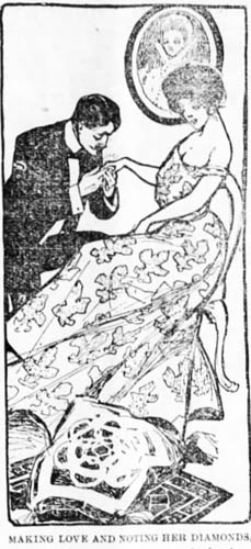 A cartoon of Alexander Haviland Gildersleeve kissing a woman's hand noting her jewelry