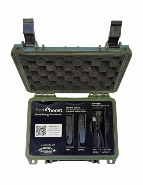 iPhone HomeBoost Kit: containing a carrying case, charging cable, UV flashlight, lightning thermal camera, and USB thermal camera.
