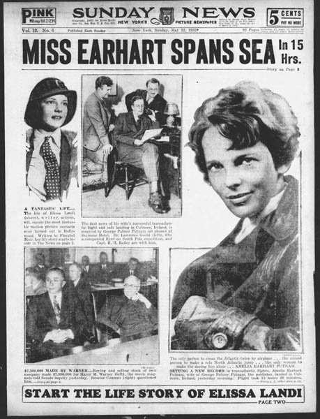 Newspaper cover about Amelia Earhart's trans-Atlantic flight