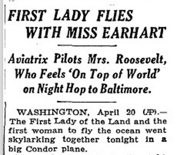 New York Times article about Eleanor Roosevelt taking a flight with Amelia Earhart