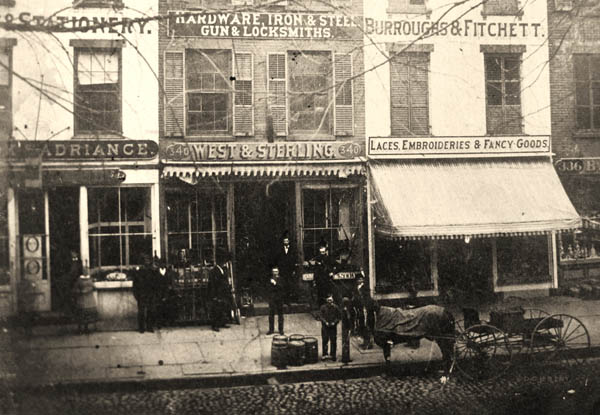 West & Sterling at 340 Main St. in 1869; (William C. Sterling center of sidewalk, William Platt in doorway, Elisha Sterling to his right) – Photo courtesy of the Dutchess County Historical Society.