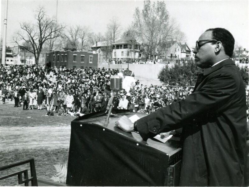 7 Apr 1968 James Meredith -Memorial for MLK Eastman Park James Meredith speaking a crowd at a memorial for MLK at Eastman Park April 17, 1968