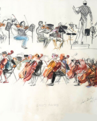 Leslie Bender Loose watercolor-and-ink sketch by Leslie Bender of an orchestra, with seated string players (violins and cellos) and a conductor standing on a podium, captured in an expressive, gestural style.