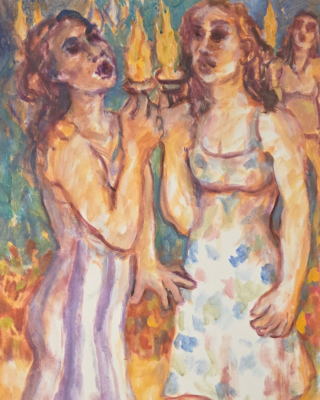Pam Kriminsky A colorful expressionist painting by Pam Krimsky of women holding torches. The women are depicted in loose, vibrant brushstrokes with warm tones of orange, purple, and blue. The background is a blend of greens and yellows, enhancing the fiery glow of the torches. The figures appear to be in motion, their forms slightly blurred, conveying an energetic and emotional atmosphere.