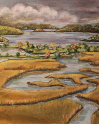 Regina Gelfer A serene landscape painting by Regina Gelfer depicting a marshy area with winding water channels. The scene features soft hills in the background, partially covered with trees in shades of green, yellow, and orange. The sky is overcast with dark clouds, hinting at an impending storm. The foreground is dominated by golden grasses, with several narrow streams cutting through the marsh. The overall mood is calm yet dramatic, with rich earthy tones and textures.