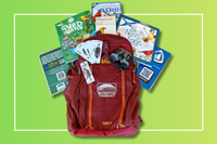 Birding Nature Exploration Backpack 200×133 Red backpack with educational books and supplies about birding for families to borrow and use to explore nature with kids.