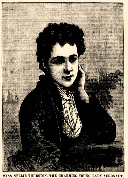 A portrait of a young woman, Nellie Thurston, with curly hair, named Miss Nellie Thurston, posed thoughtfully with her hand on her chin, wearing a formal outfit.