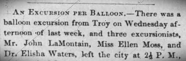 Newspaper clipping announcing a balloon excursion from Troy, mentioning three participants and the departure time.